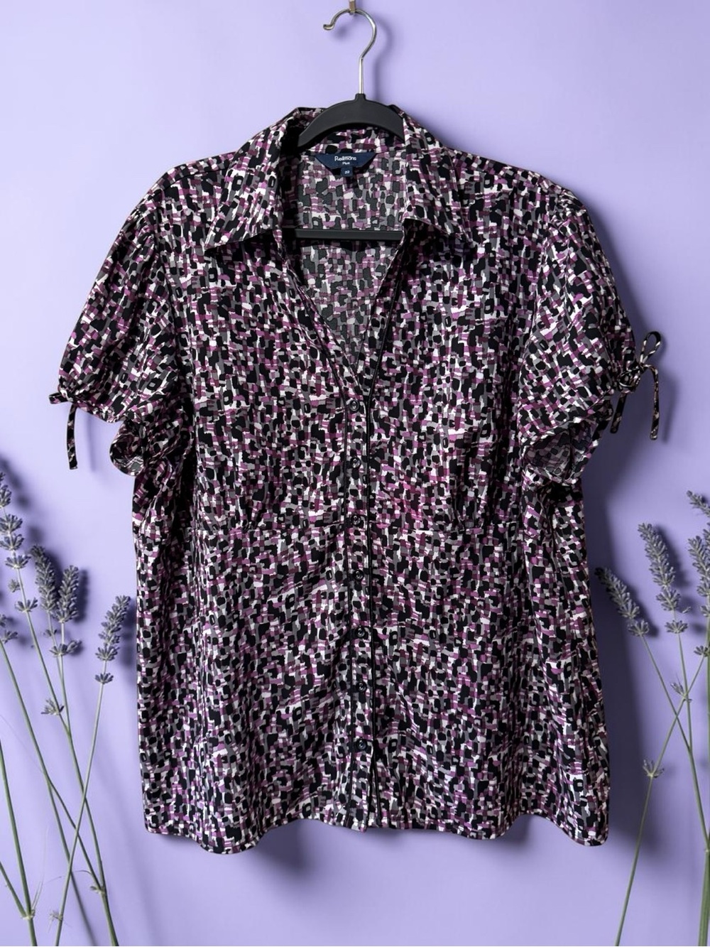 Reitmans Plus Purple/Black/Grey/White Abstract Print Button Front Top